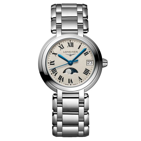 Montre Longines Primaluna quartz cadran blanc chiffres romains bracelet acier 30,5 mm