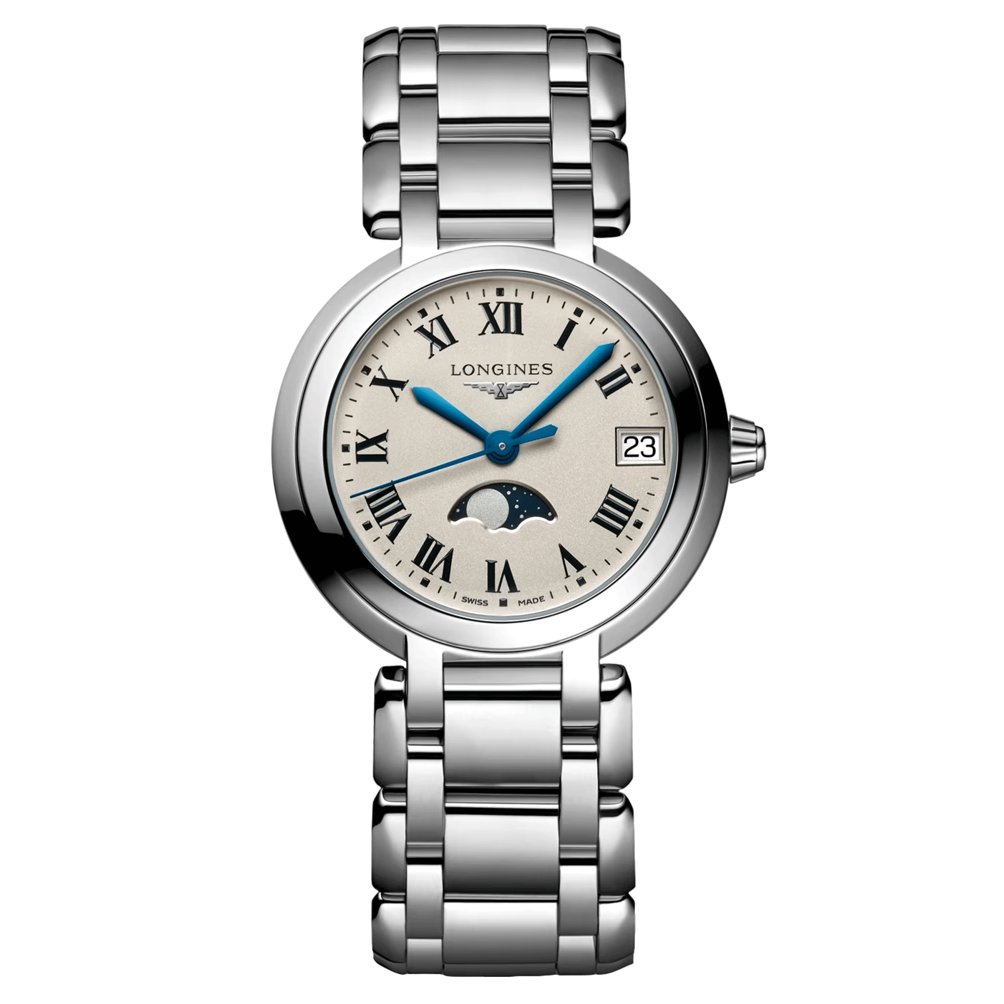 Montre Longines Primaluna quartz cadran blanc chiffres romains bracelet acier 30,5 mm