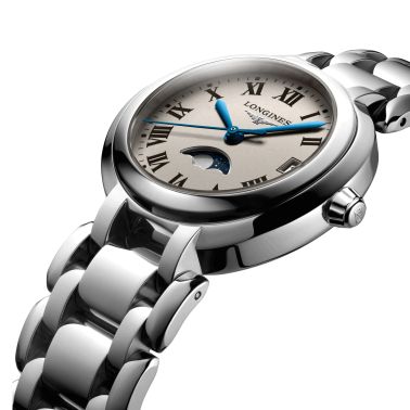 Montre Longines Primaluna quartz cadran blanc chiffres romains bracelet acier 30,5 mm