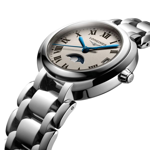 Montre Longines Primaluna quartz cadran blanc chiffres romains bracelet acier 30,5 mm