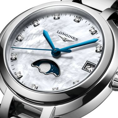 Montre Longines Primaluna quartz cadran nacre index diamants bracelet acier 30,5 mm
