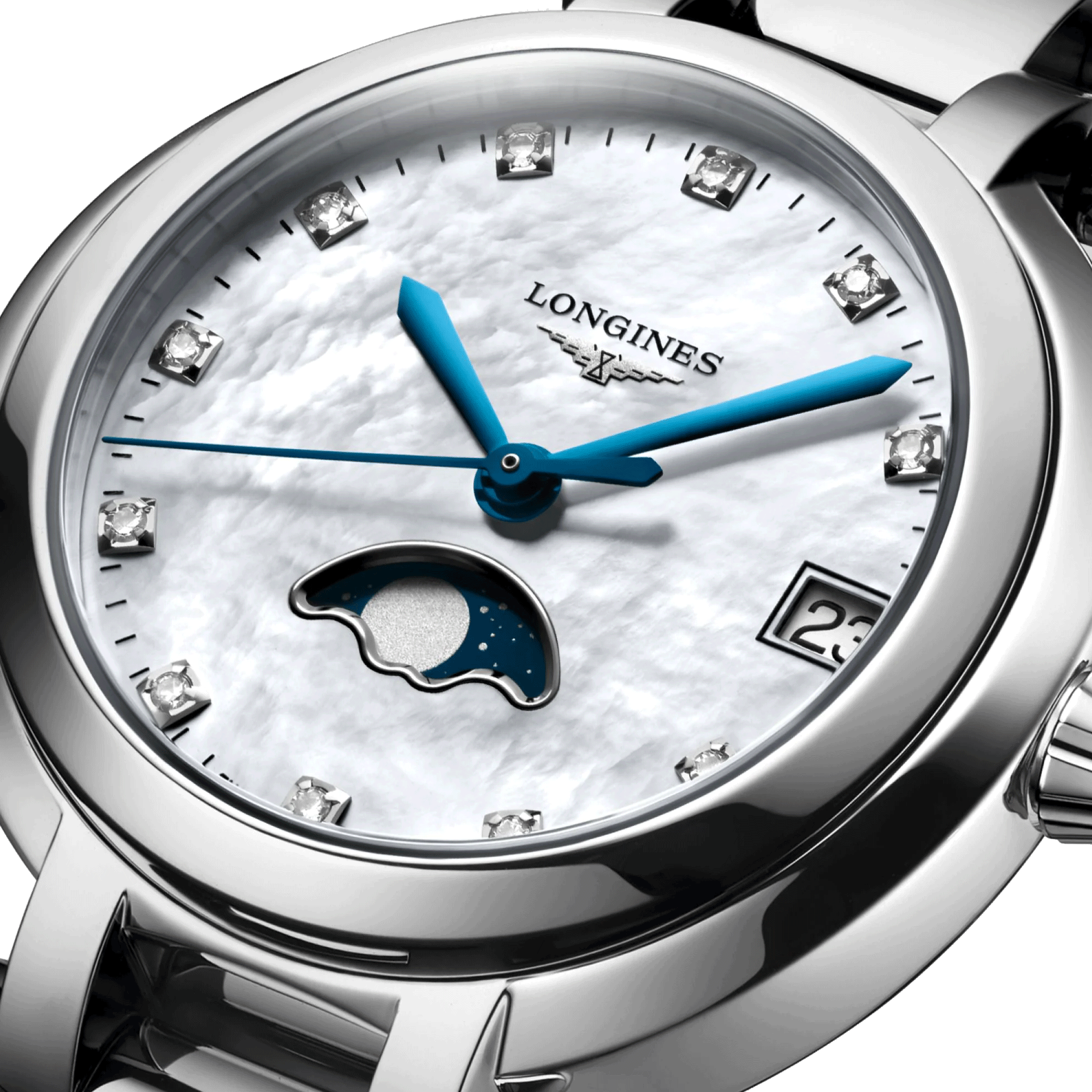 Montre Longines Primaluna quartz cadran nacre index diamants bracelet acier 30,5 mm