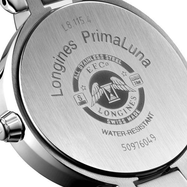 Montre Longines Primaluna quartz cadran nacre index diamants bracelet acier 30,5 mm