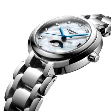 Montre Longines Primaluna quartz cadran nacre index diamants bracelet acier 30,5 mm