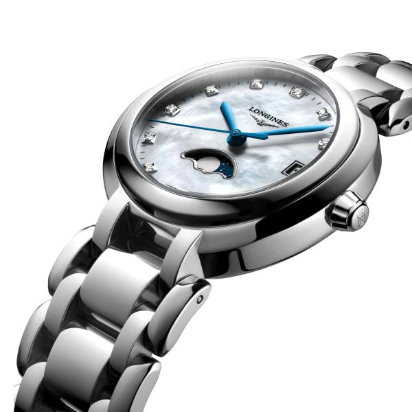 Montre Longines Primaluna quartz cadran nacre index diamants bracelet acier 30,5 mm