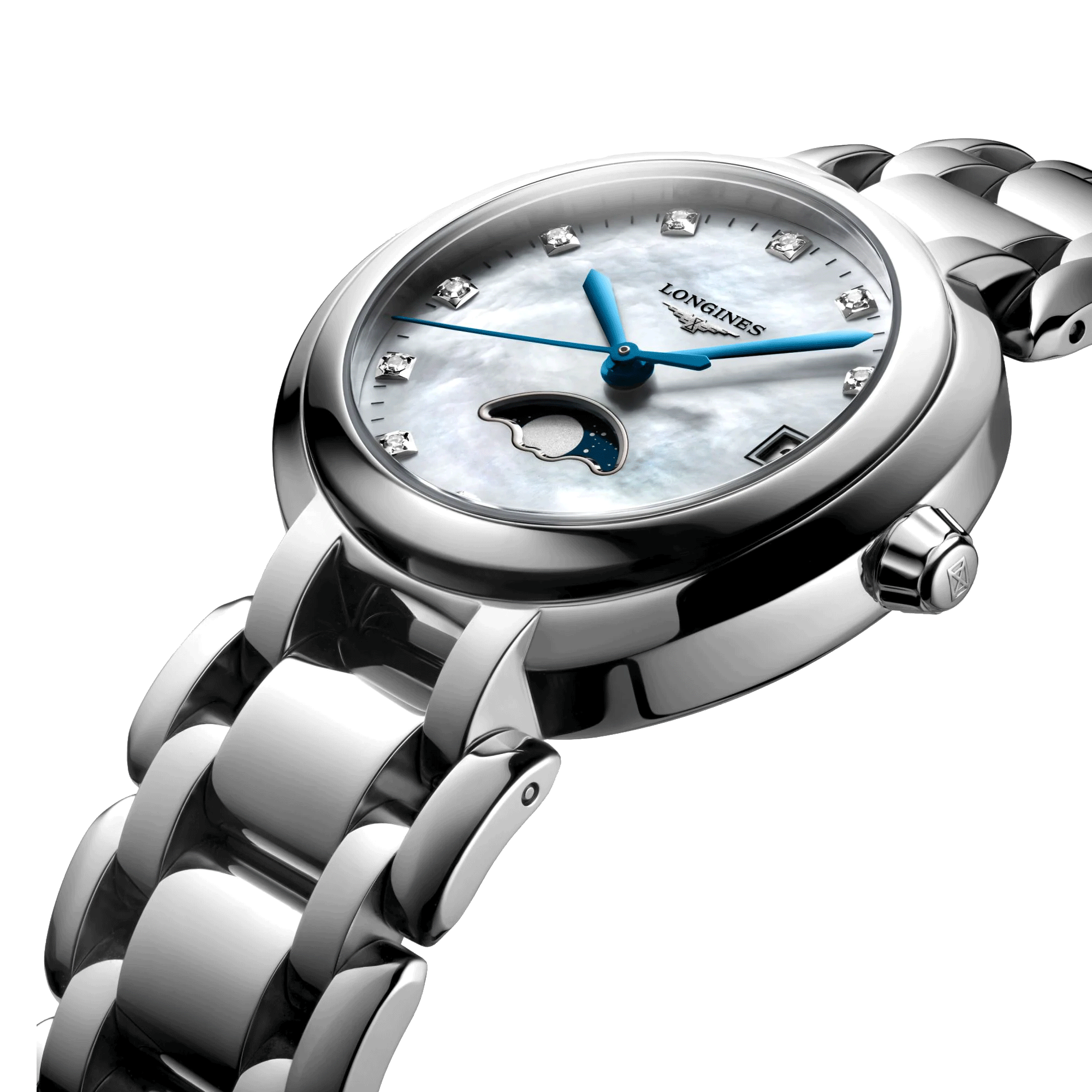 Montre Longines Primaluna quartz cadran nacre index diamants bracelet acier 30,5 mm