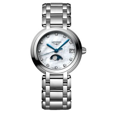 Montre Longines Primaluna quartz cadran nacre index diamants bracelet acier 30,5 mm