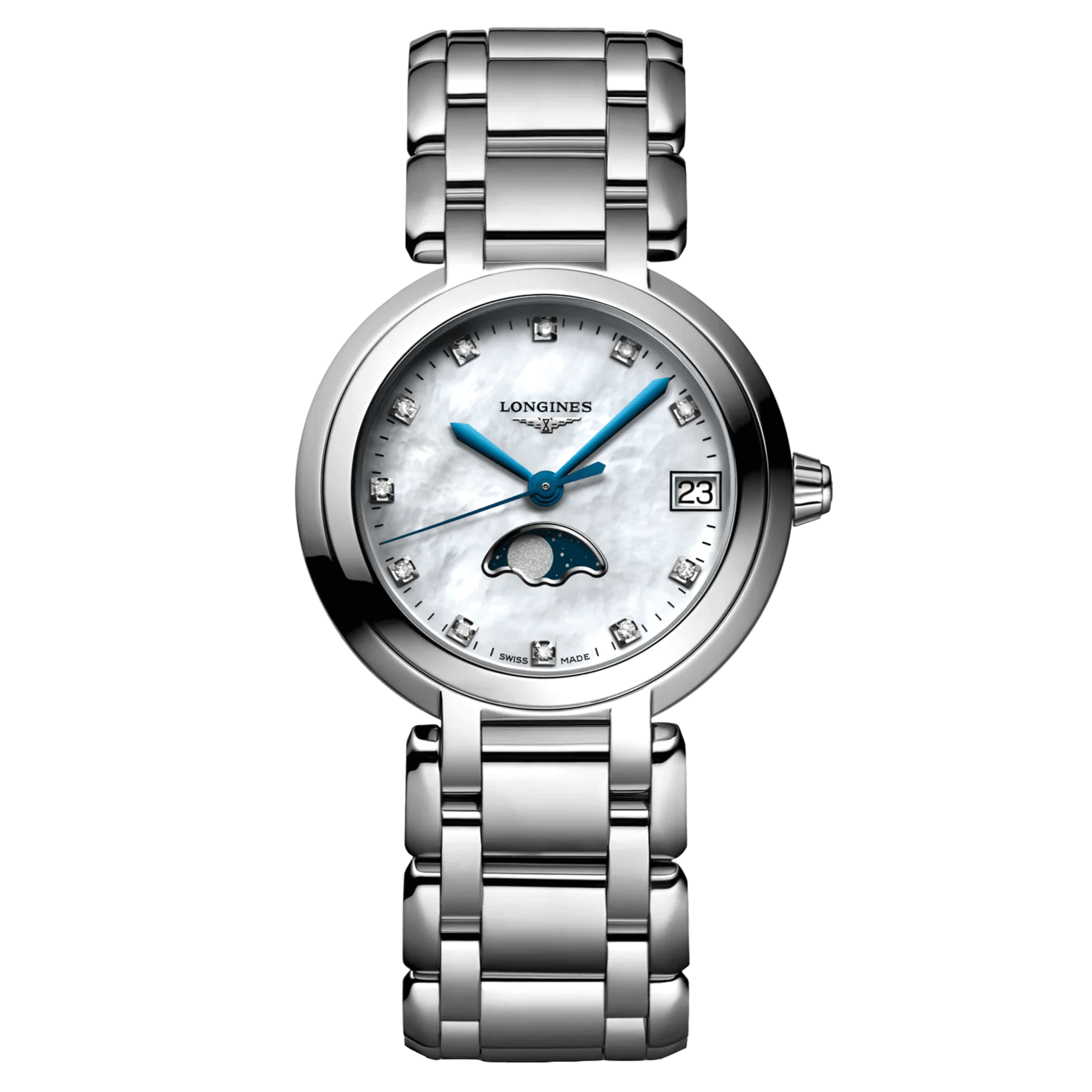 Montre Longines Primaluna quartz cadran nacre index diamants bracelet acier 30,5 mm
