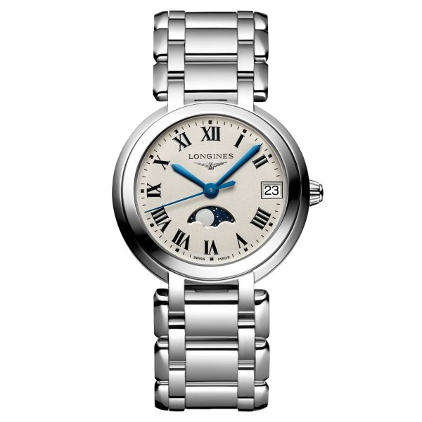 Montre Longines Primaluna quartz date chiffres romains bracelet acier 34 mm L8.116.4.71.6