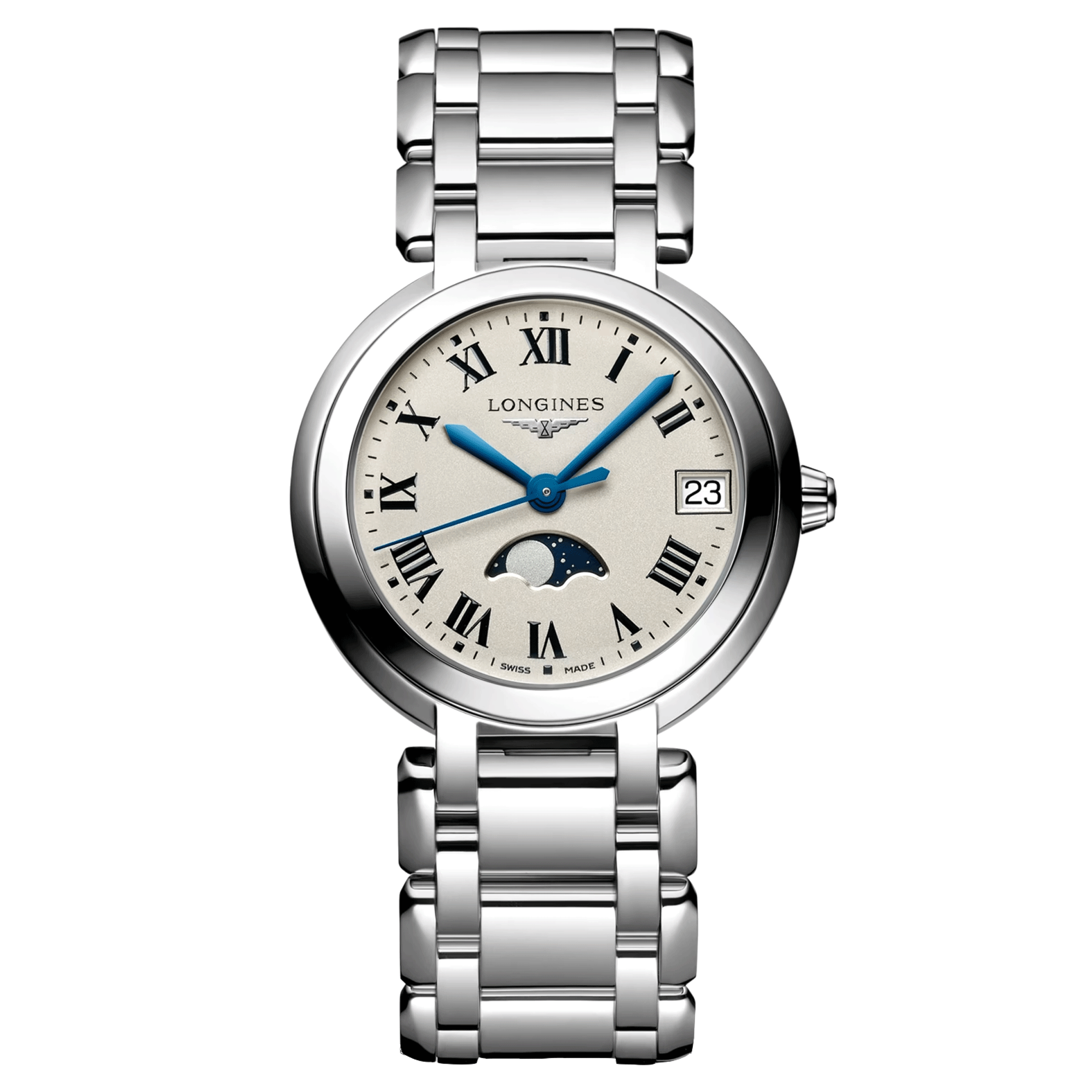 Montre Longines Primaluna quartz date chiffres romains bracelet acier 34 mm L8.116.4.71.6
