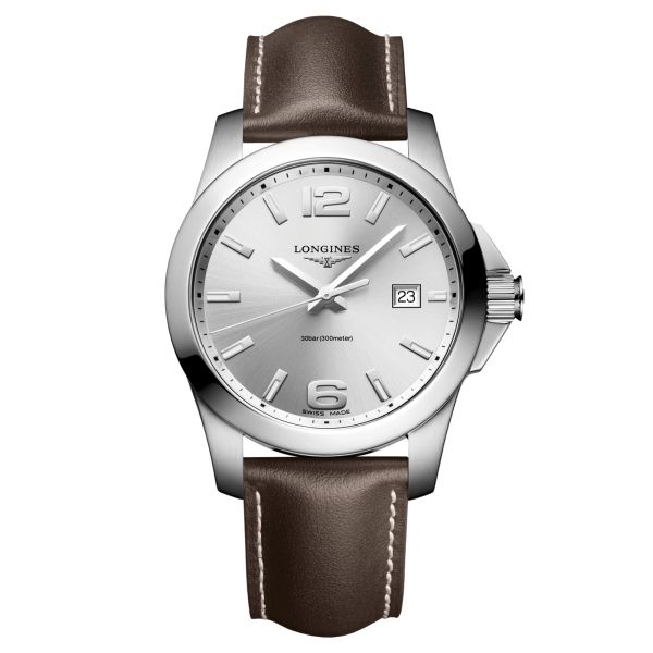 Montre Longines Conquest quartz cadran argenté soleil bracelet cuir chocolat 41 mm L3.759.4.76.5