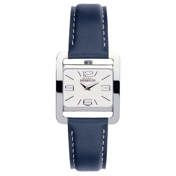 Montre Michel Herbelin 5ème Avenue quartz cadran blanc chiffres arabes bracelet cuir bleu