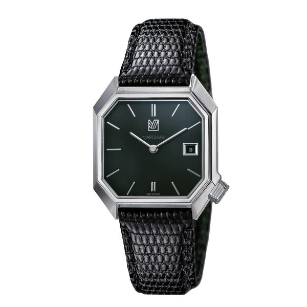 Montre March LA.B Mansart Grall Date automatique bracelet lézard noir 34 x 39 mm