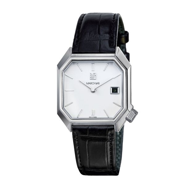 March LA.B Mansart White Date automatic black alligator strap 34 x 39 mm