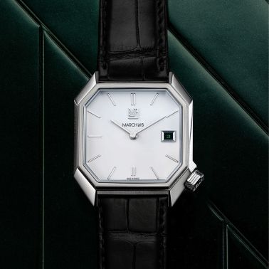 Montre March LA.B Mansart White Date automatique bracelet alligator noir 34 x 39 mm