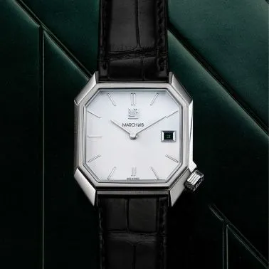 Montre March LA.B Mansart White Date automatique bracelet alligator noir 34 x 39 mm