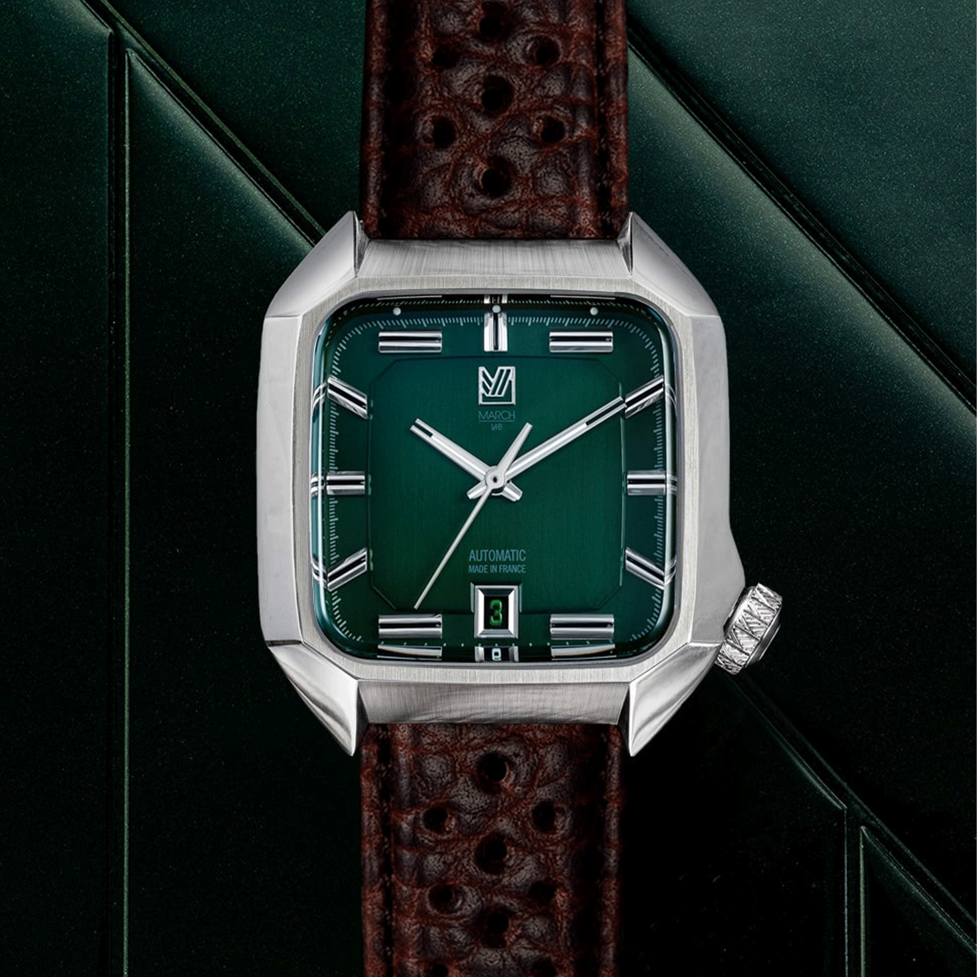 Montre March LA.B AM2 Automatique Grall bracelet cuir de bison perforé marron 39 mm