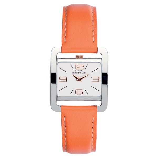 Montre Michel Herbelin 5ème Avenue quartz cadran blanc chiffres arabes bracelet cuir orange