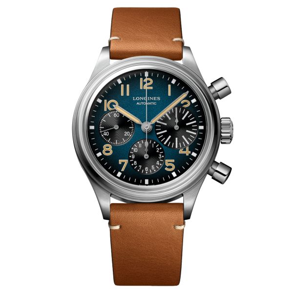 Longines Heritage Avigation BigEye automatic watch with petrol dial and 41 mm brown leather strap