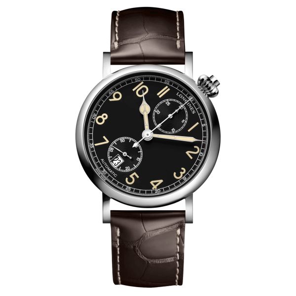 Longines Heritage Avigation Type A-7 1935 automatic watch black dial brown leather strap 41 mm