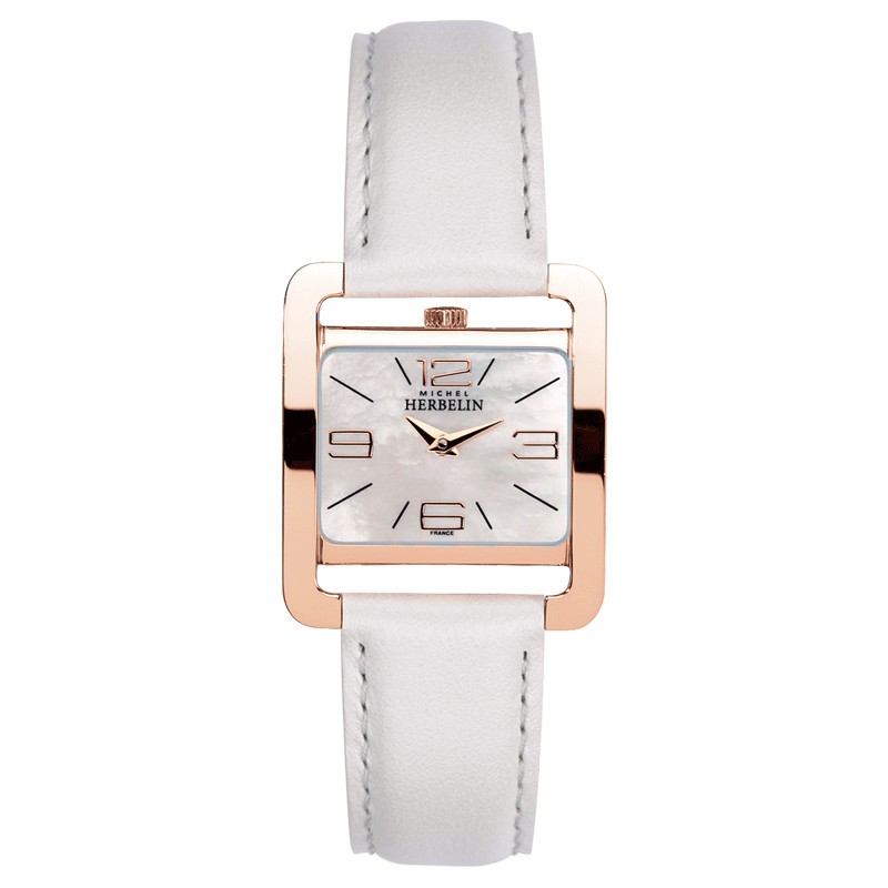 Montre Michel Herbelin 5ème Avenue quartz cadran nacre bracelet cuir blanc 