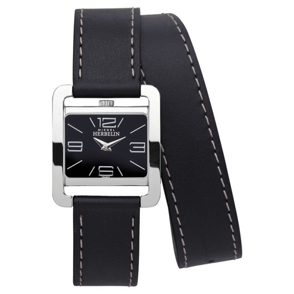 Montre Michel Herbelin 5ème Avenue quartz cadran noir bracelet cuir double tour noir