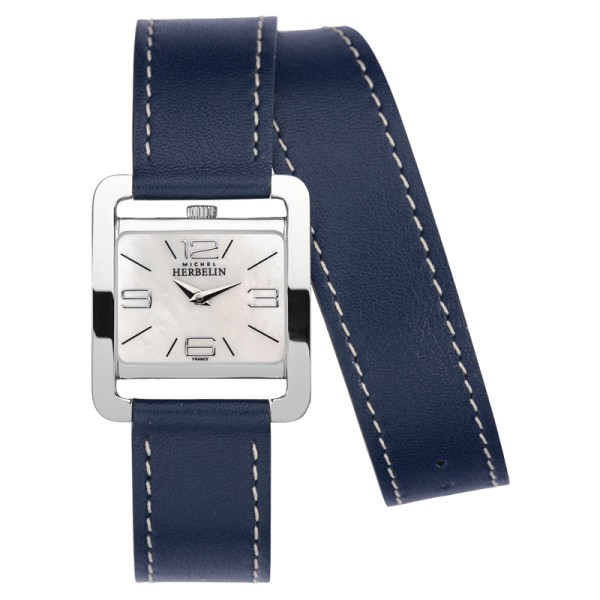 Montre Michel Herbelin 5ème Avenue quartz cadran nacre bracelet cuir double tour bleu