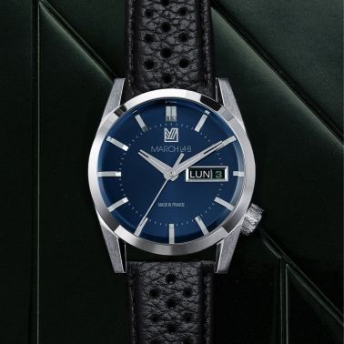 Montre March LA.B AM89 Electrique Navy bracelet cuir buffle perforé 38 mm
