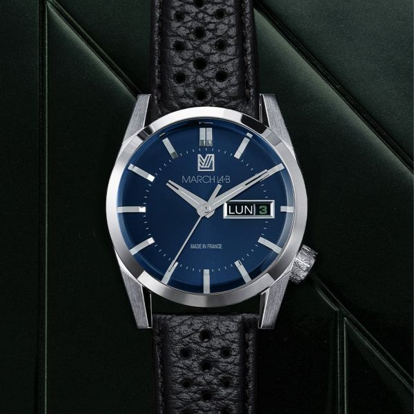 Montre March LA.B AM89 Electrique Navy bracelet cuir buffle perforé 38 mm