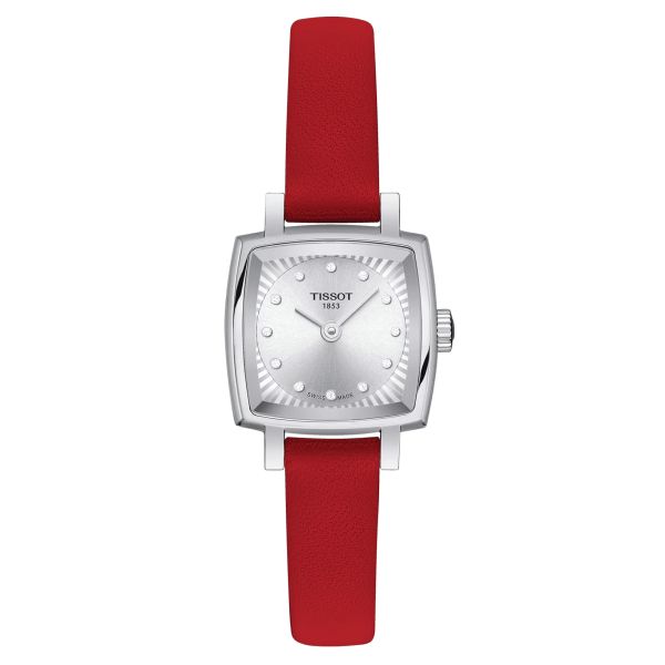 Montre Tissot T-Lady Lovely Square Valentines quartz cadran argent bracelet cuir rouge 20 mm T058.109.16.036.00