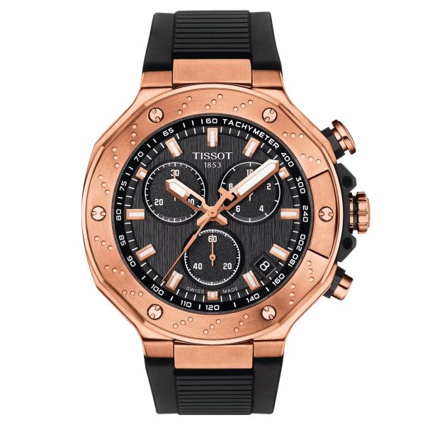 Montre Tissot T-Sport T-Race Chronograph PVD Or Rose quartz cadran noir bracelet caoutchouc noir 45 mm T141.417.37.051.00