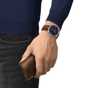 Montre Tissot T-Classic Chemin des Tourelles Powermatic 80 cadran bleu bracelet cuir brun 42 mm T139.407.16.041.00