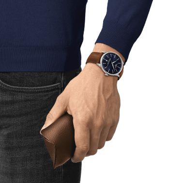 Tissot T-Classic Chemin des Tourelles Powermatic 80 watch blue dial brown leather strap 42 mm T139.407.16.041.00