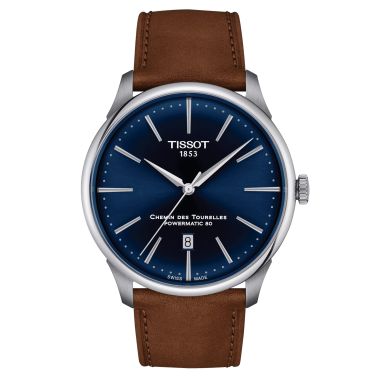 Tissot T-Classic Chemin des Tourelles Powermatic 80 watch blue dial brown leather strap 42 mm T139.407.16.041.00