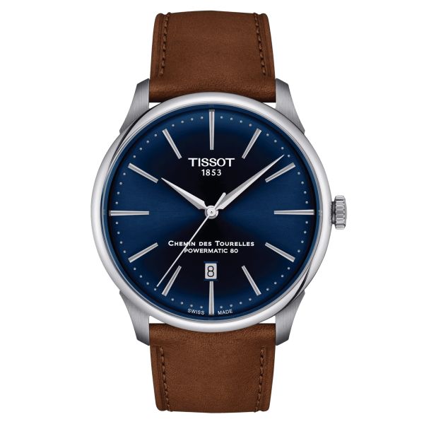 Tissot T-Classic Chemin des Tourelles Powermatic 80 watch blue dial brown leather strap 42 mm