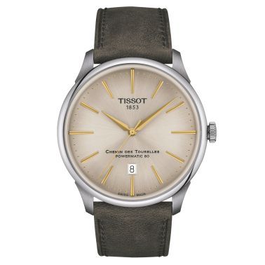 Tissot T-Classic Chemin des Tourelles Powermatic 80 watch ivory dial green leather strap 42 mm T139.407.16.261.00
