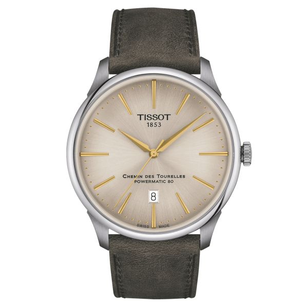 Montre Tissot T-Classic Chemin des Tourelles Powermatic 80 cadran ivoire bracelet cuir vert 42 mm T139.407.16.261.00