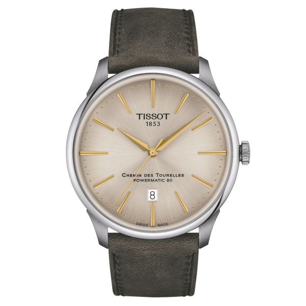 Tissot T-Classic Chemin des Tourelles Powermatic 80 watch ivory dial green leather strap 42 mm