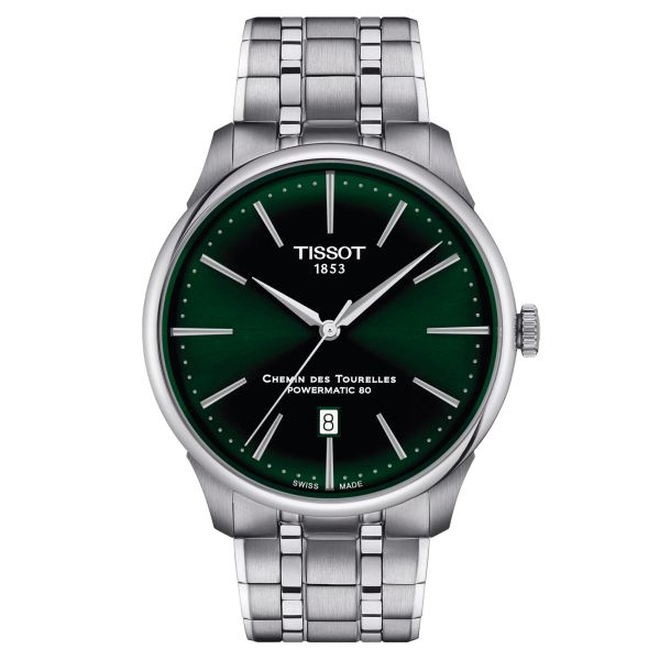 Tissot T-Classic Chemin des Tourelles Powermatic 80 watch green dial steel bracelet 42 mm