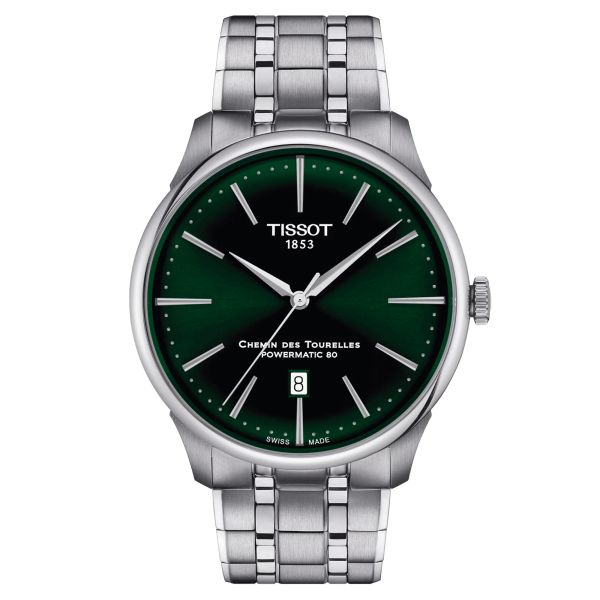 Tissot T-Classic Chemin des Tourelles Powermatic 80 watch green dial steel bracelet 42 mm T139.407.11.091.00