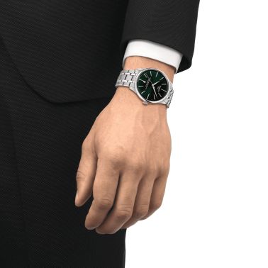 Montre Tissot T-Classic Chemin des Tourelles Powermatic 80 cadran vert bracelet acier 42 mm T139.407.11.091.00