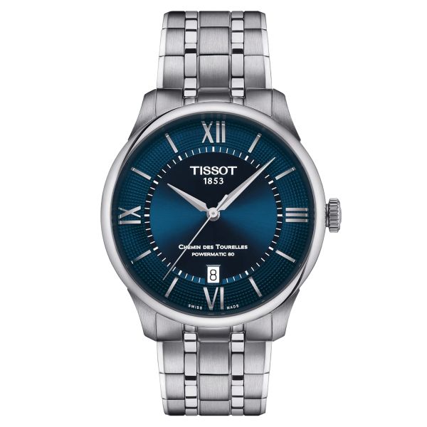 Tissot T-Classic Chemin des Tourelles Powermatic 80 watch blue dial steel bracelet 39 mm T139.807.11.048.00