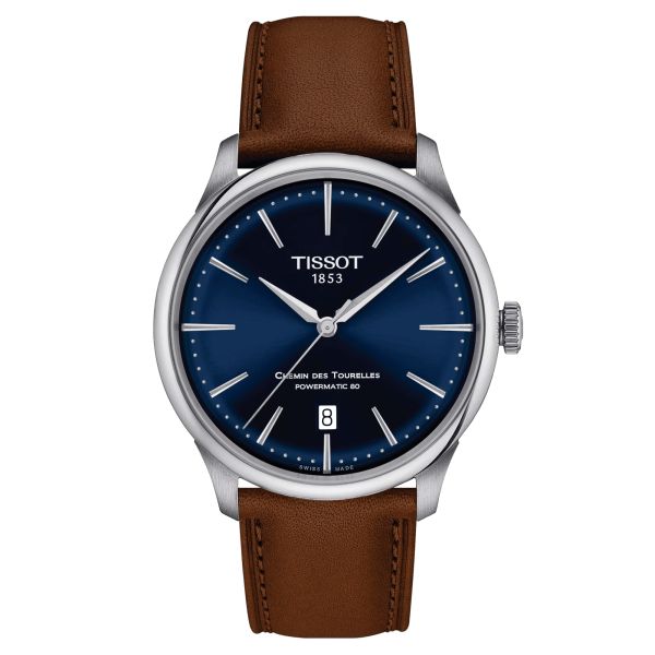 Montre Tissot T-Classic Chemin des Tourelles Powermatic 80 cadran bleu bracelet cuir brun 39 mm T139.807.16.041.00