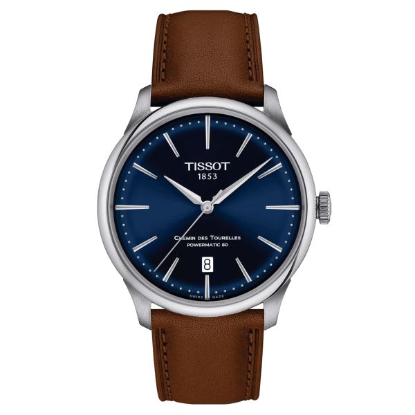 Tissot T-Classic Chemin des Tourelles Powermatic 80 watch blue dial brown leather strap 39 mm T139.807.16.041.00