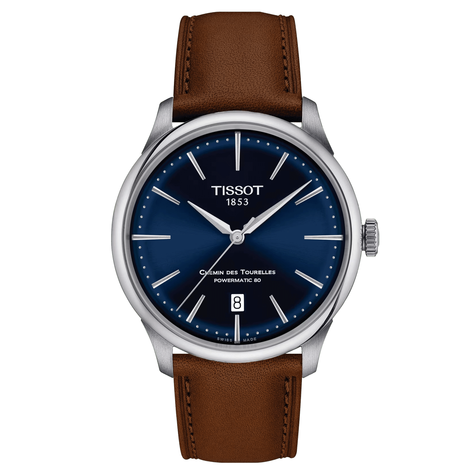 Montre Tissot T-Classic Chemin des Tourelles Powermatic 80 cadran bleu bracelet cuir brun 39 mm T139.807.16.041.00