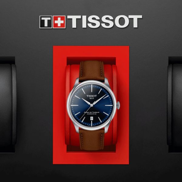 Montre Tissot T-Classic Chemin des Tourelles Powermatic 80 cadran bleu bracelet cuir brun 39 mm T139.807.16.041.00
