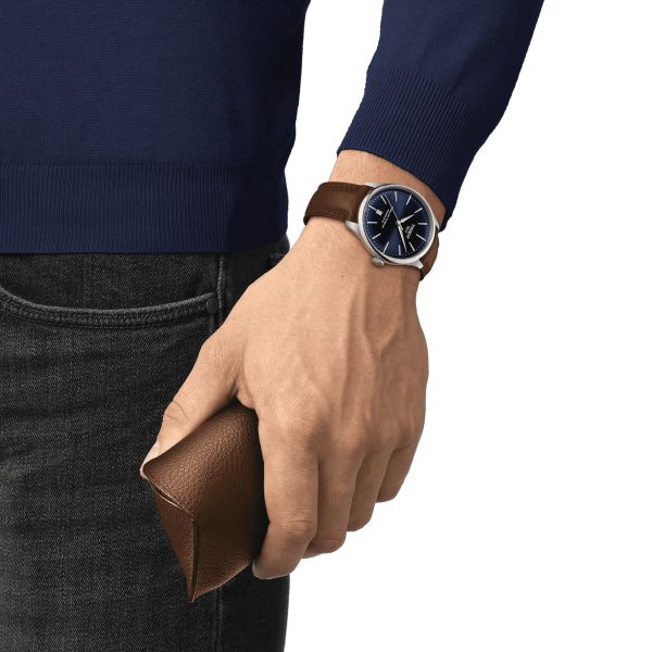 Montre Tissot T-Classic Chemin des Tourelles Powermatic 80 cadran bleu bracelet cuir brun 39 mm T139.807.16.041.00