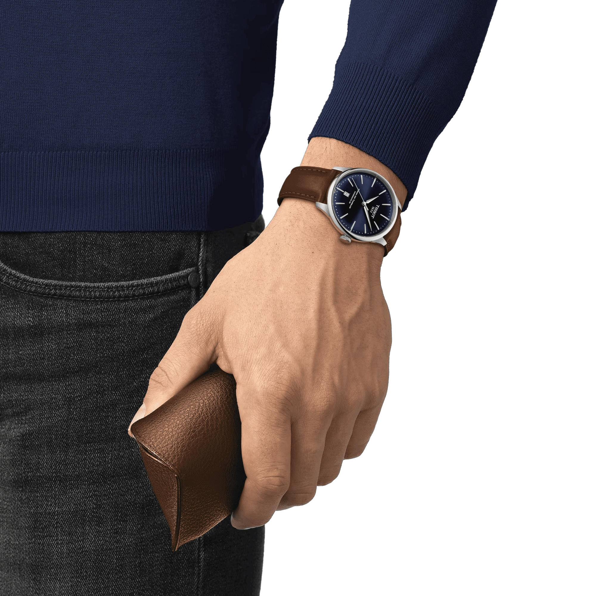 Montre Tissot T-Classic Chemin des Tourelles Powermatic 80 cadran bleu bracelet cuir brun 39 mm T139.807.16.041.00