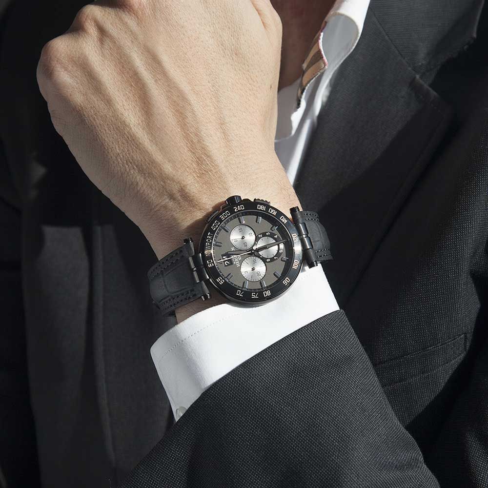 Montre Michel Herbelin Newport quartz chronographe acier PVD noir cadran anthracite bracelet cuir noir 42,5 mm