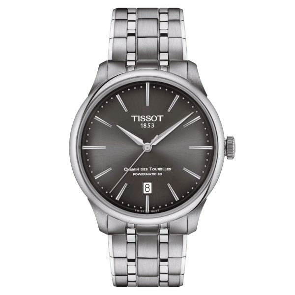 Montre Tissot T-Classic Chemin des Tourelles Powermatic 80 cadran gris bracelet acier 39 mm T139.807.11.061.00